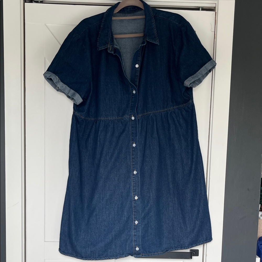 Denim Button-Front Mini Dress in Dark Blue